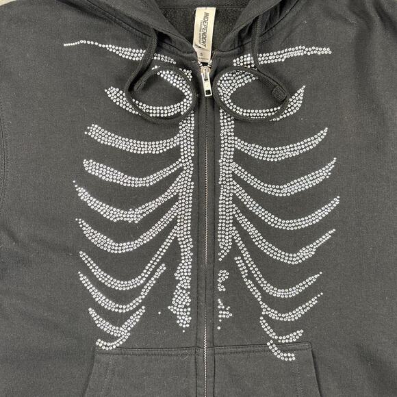 Black Rhinestone Skeleton Ribcage Graphic Full-zip Hoodie Size Small - Picture 4 of 8